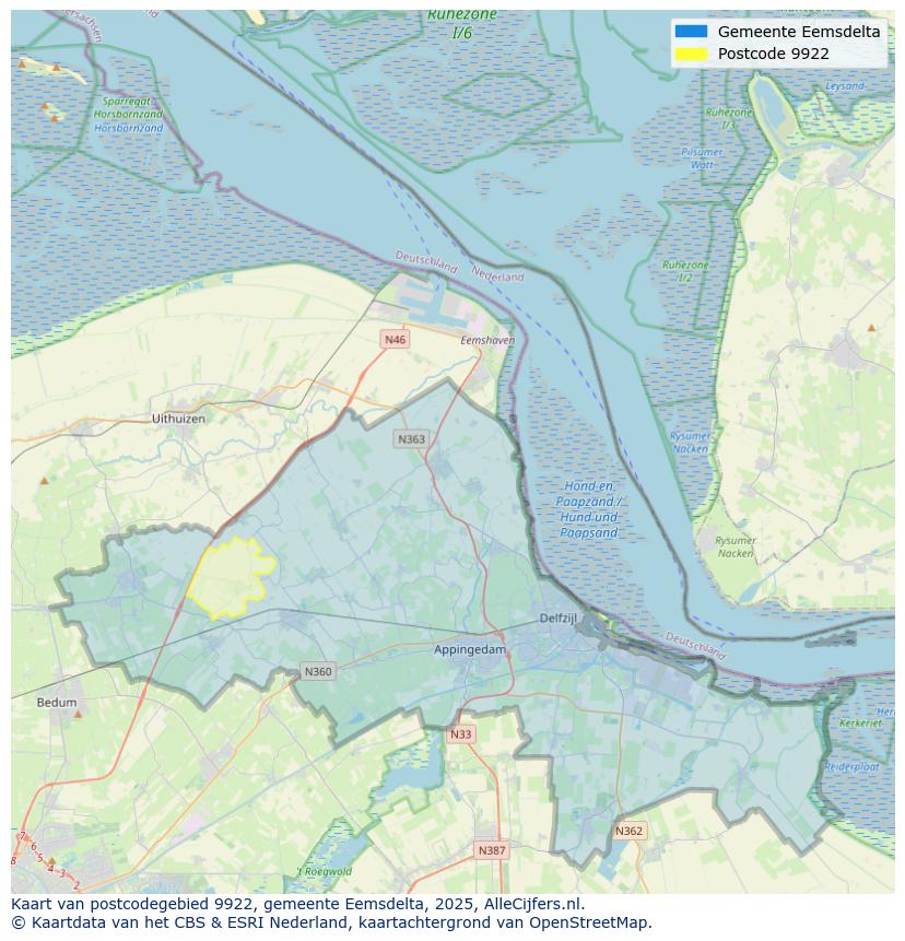Afbeelding van het postcodegebied 9922 op de kaart.