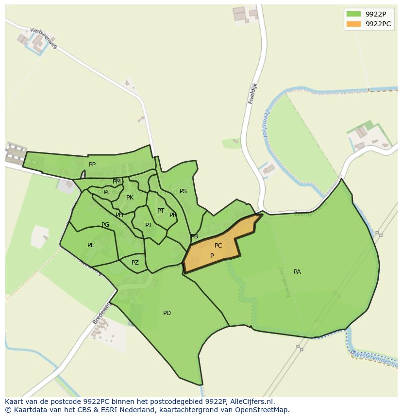 Afbeelding van het postcodegebied 9922 PC op de kaart.