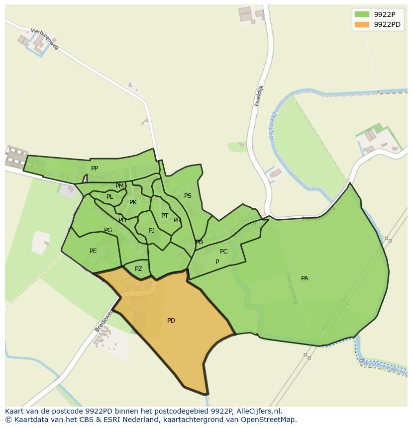 Afbeelding van het postcodegebied 9922 PD op de kaart.