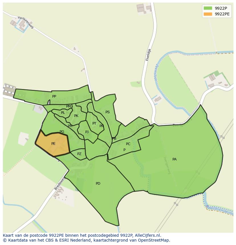 Afbeelding van het postcodegebied 9922 PE op de kaart.