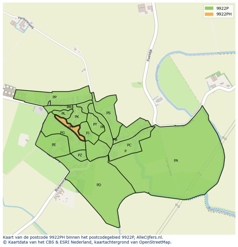 Afbeelding van het postcodegebied 9922 PH op de kaart.