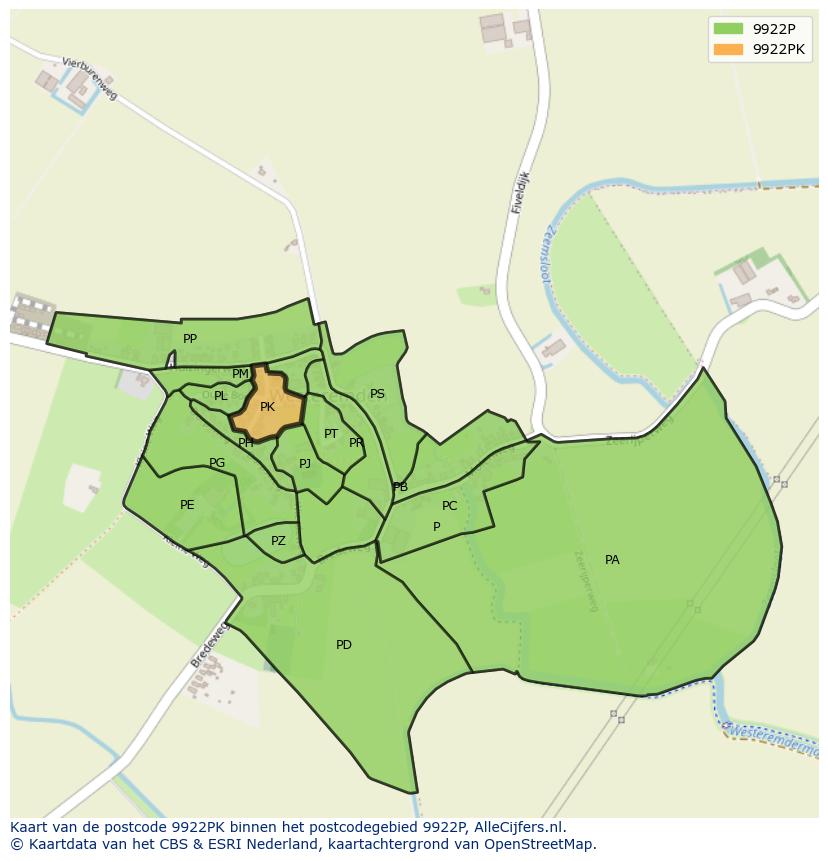 Afbeelding van het postcodegebied 9922 PK op de kaart.
