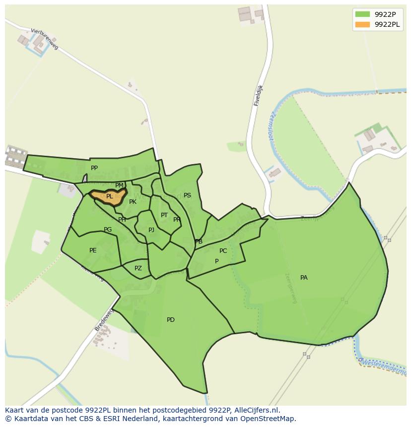 Afbeelding van het postcodegebied 9922 PL op de kaart.