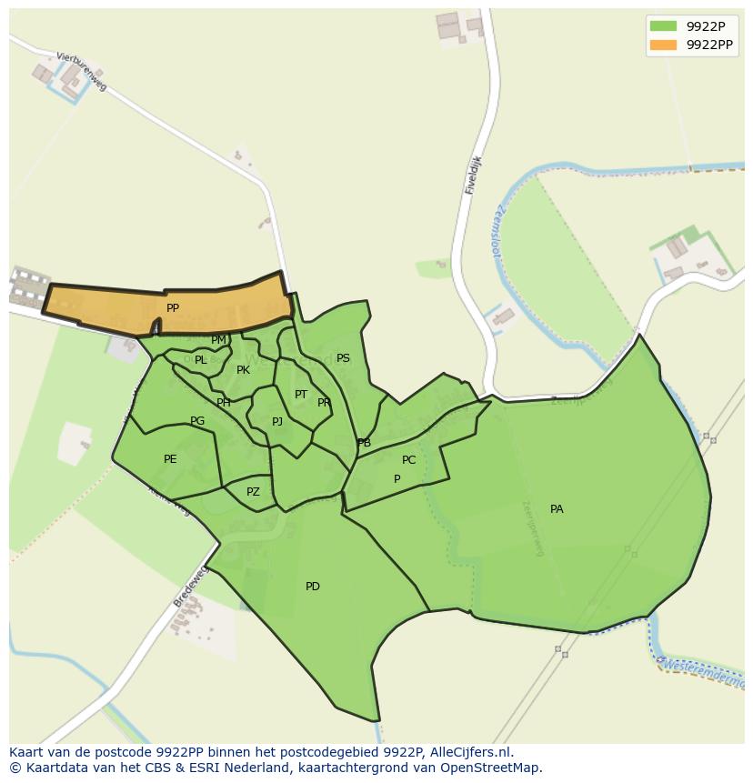 Afbeelding van het postcodegebied 9922 PP op de kaart.