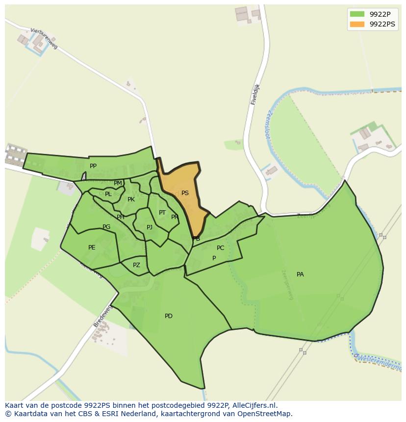Afbeelding van het postcodegebied 9922 PS op de kaart.