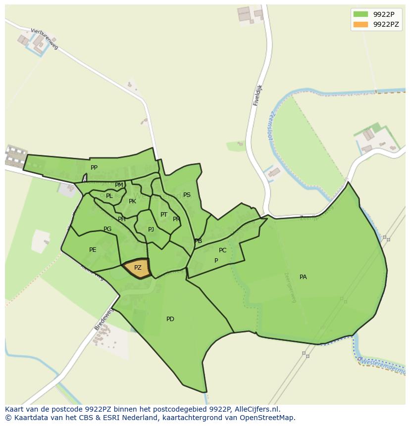 Afbeelding van het postcodegebied 9922 PZ op de kaart.