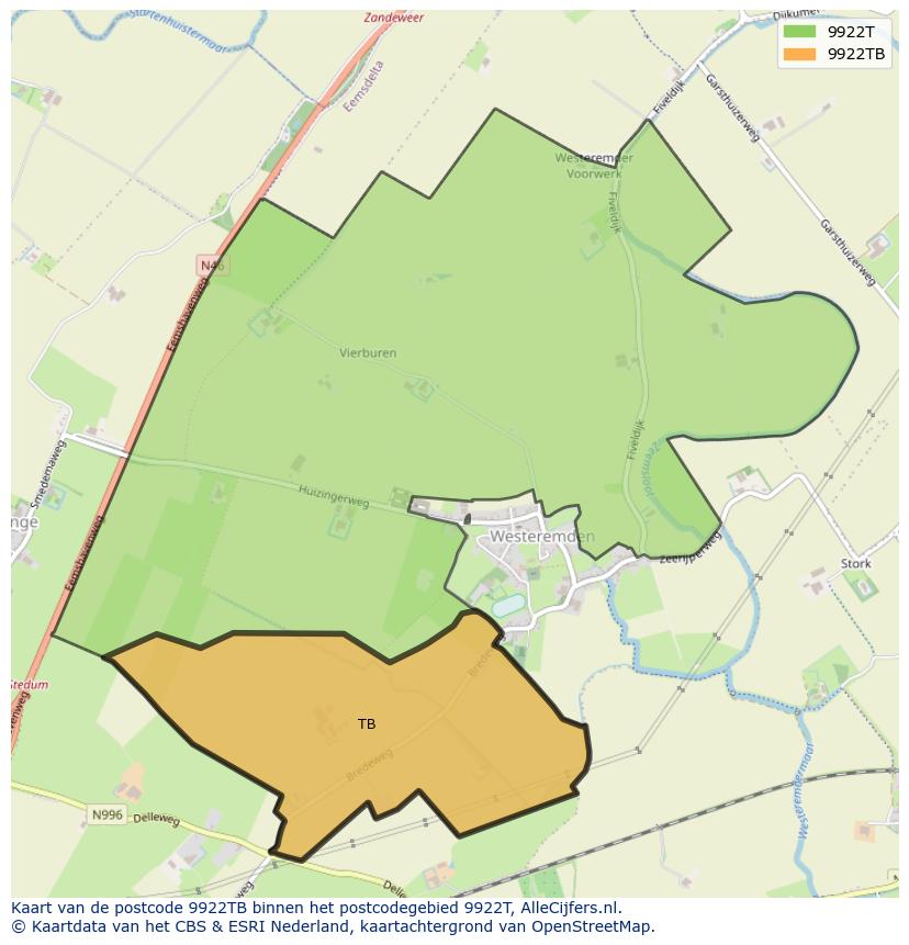 Afbeelding van het postcodegebied 9922 TB op de kaart.