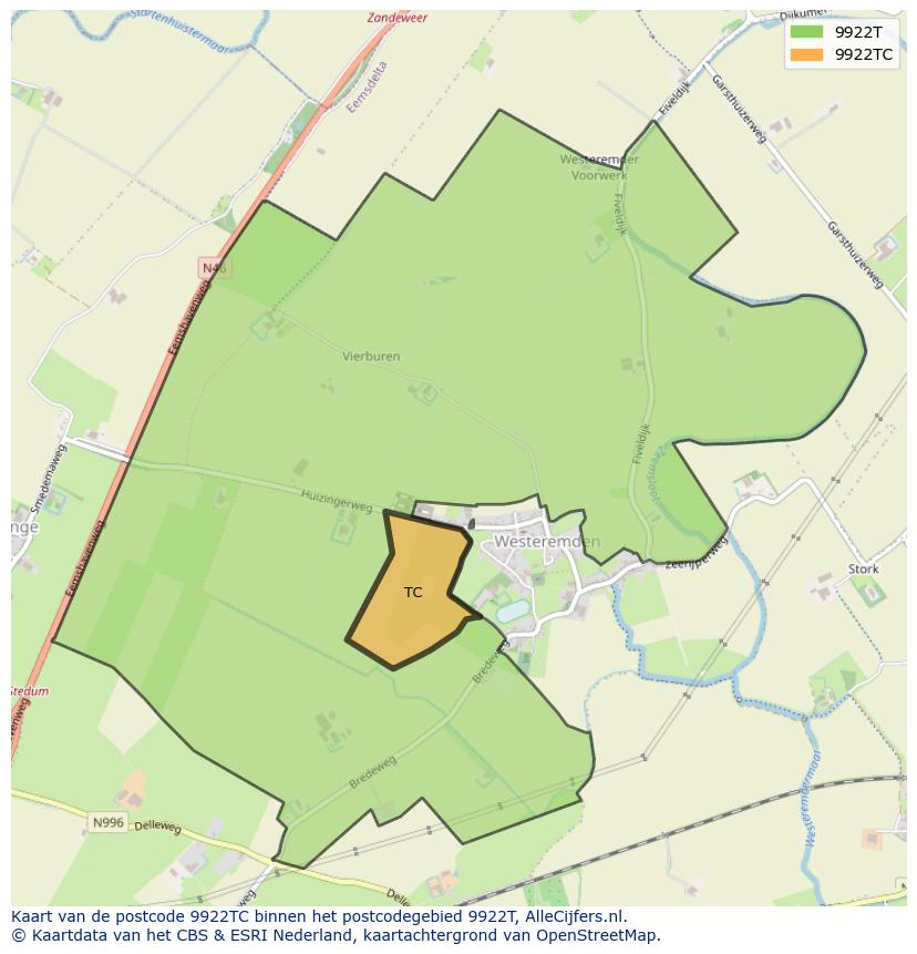 Afbeelding van het postcodegebied 9922 TC op de kaart.