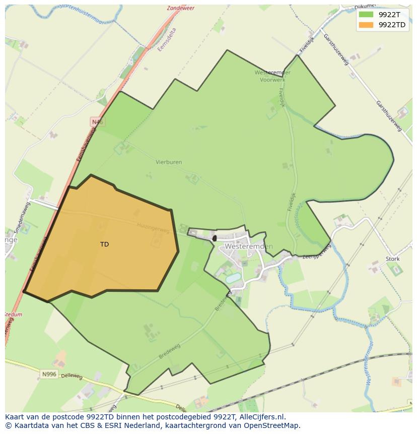 Afbeelding van het postcodegebied 9922 TD op de kaart.