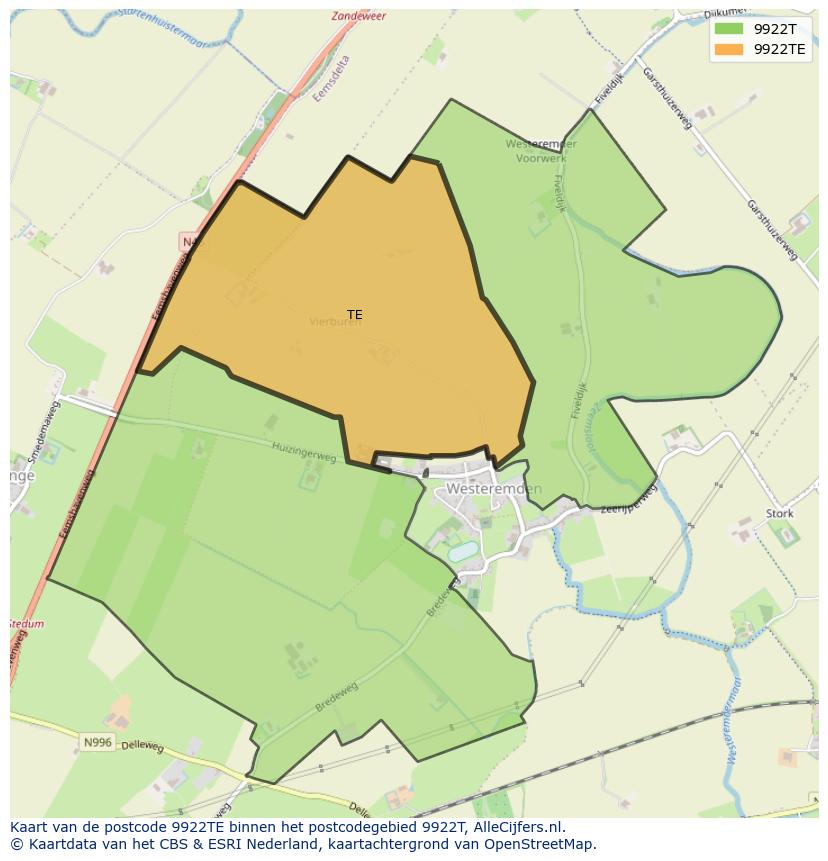 Afbeelding van het postcodegebied 9922 TE op de kaart.