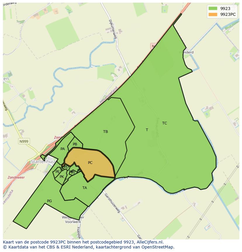 Afbeelding van het postcodegebied 9923 PC op de kaart.