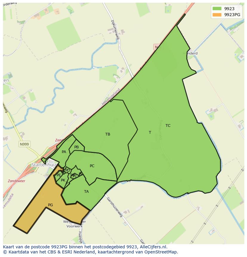 Afbeelding van het postcodegebied 9923 PG op de kaart.