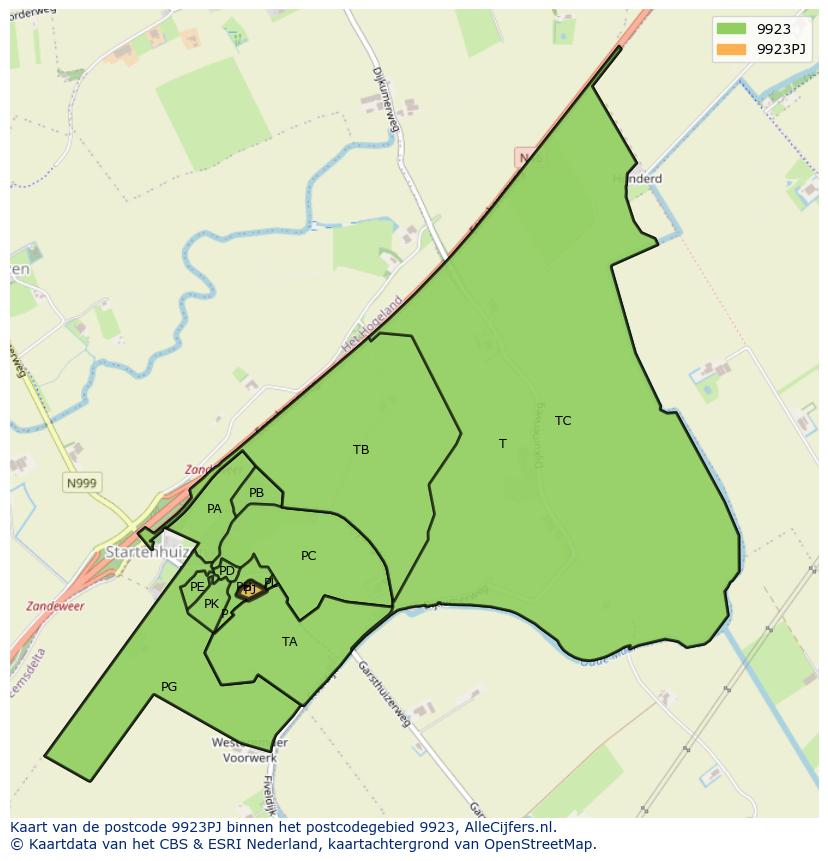 Afbeelding van het postcodegebied 9923 PJ op de kaart.