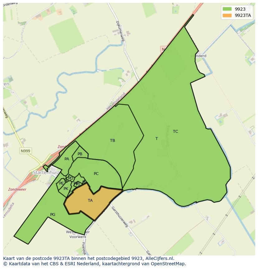 Afbeelding van het postcodegebied 9923 TA op de kaart.