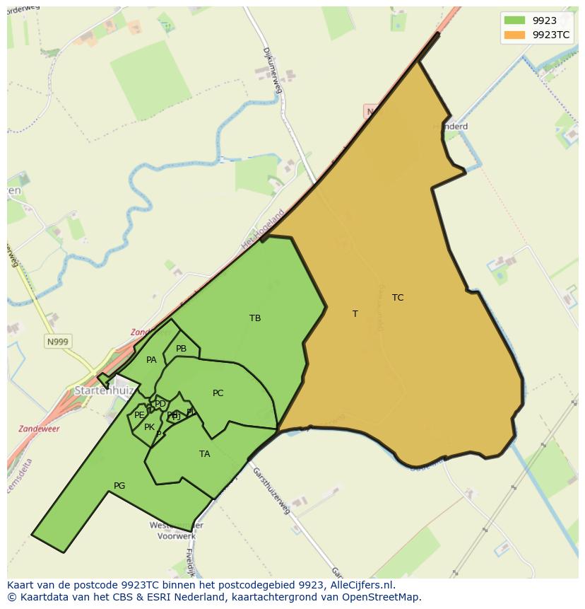 Afbeelding van het postcodegebied 9923 TC op de kaart.