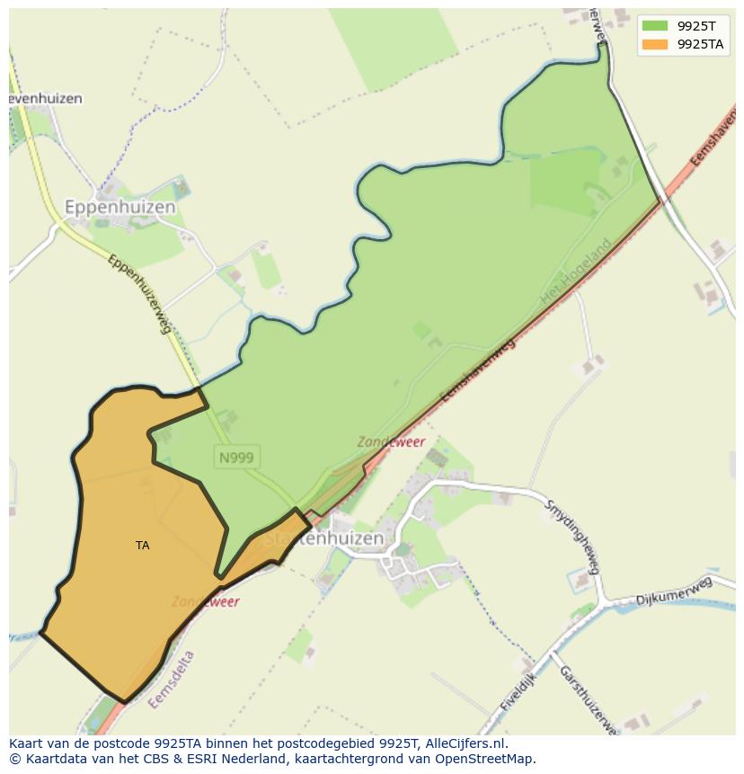 Afbeelding van het postcodegebied 9925 TA op de kaart.