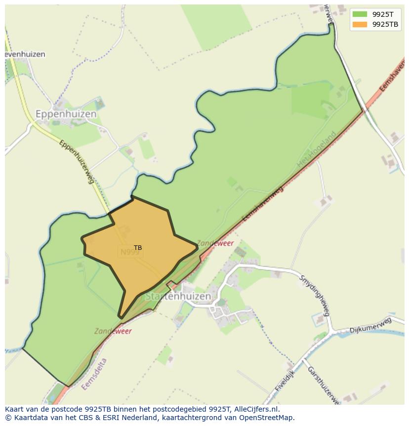 Afbeelding van het postcodegebied 9925 TB op de kaart.