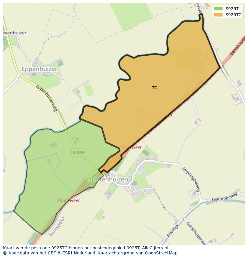 Afbeelding van het postcodegebied 9925 TC op de kaart.