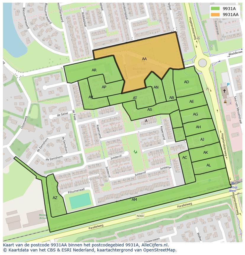 Afbeelding van het postcodegebied 9931 AA op de kaart.
