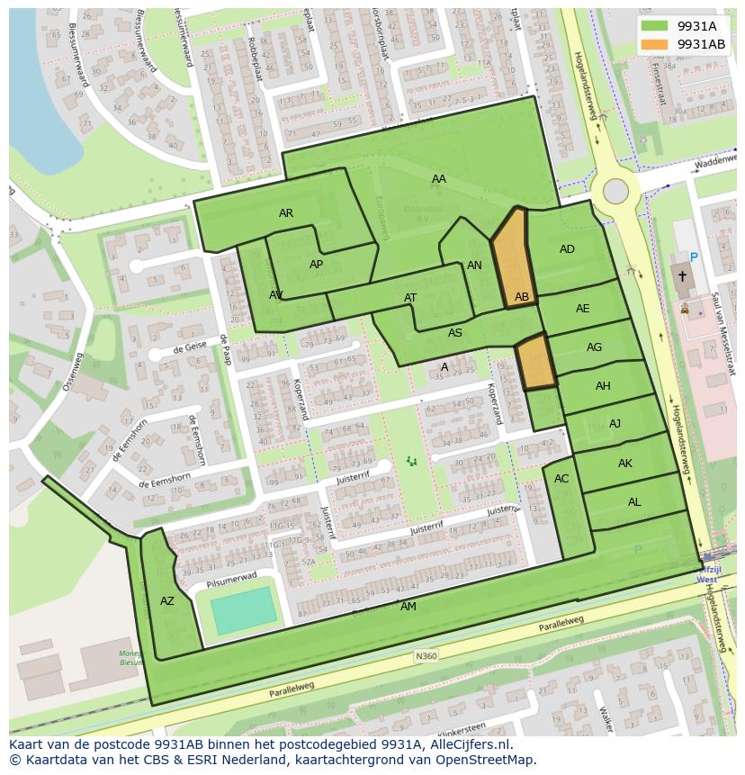 Afbeelding van het postcodegebied 9931 AB op de kaart.