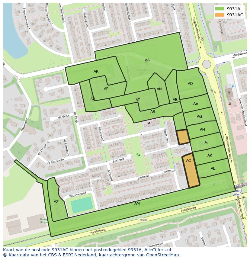 Afbeelding van het postcodegebied 9931 AC op de kaart.