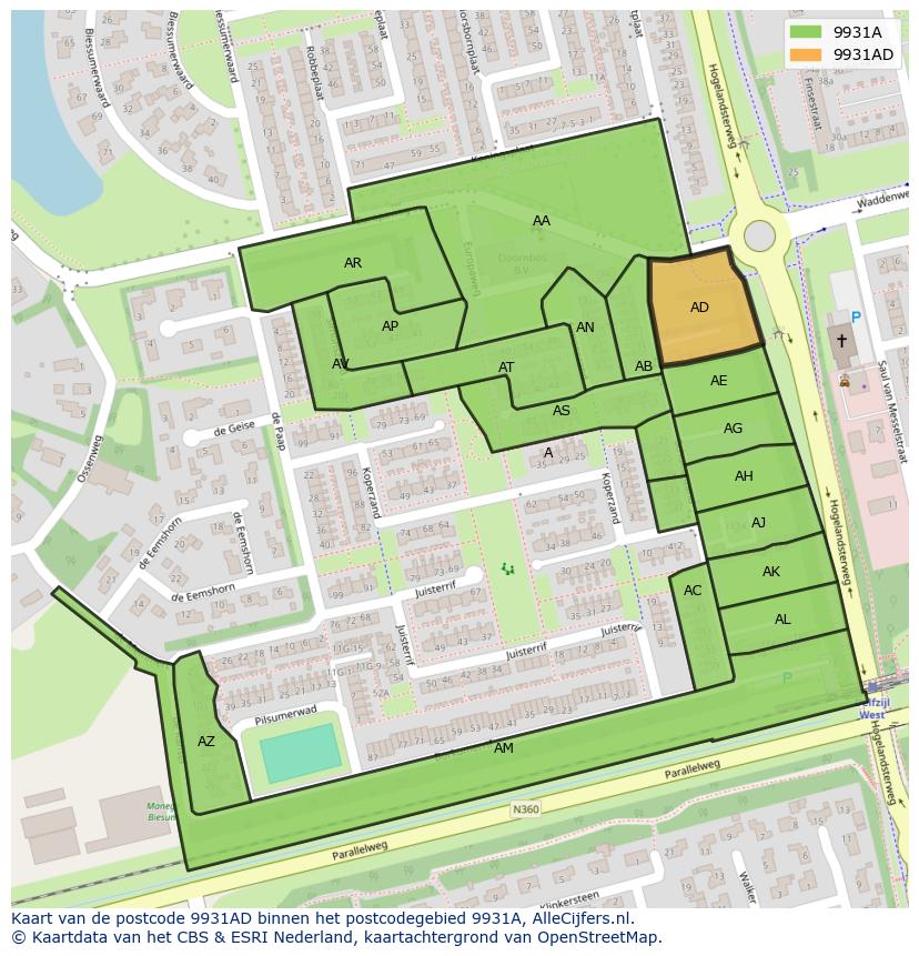 Afbeelding van het postcodegebied 9931 AD op de kaart.