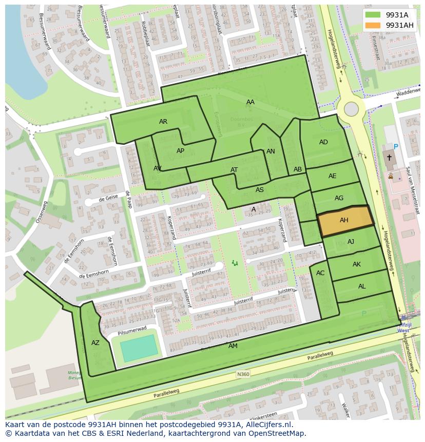 Afbeelding van het postcodegebied 9931 AH op de kaart.
