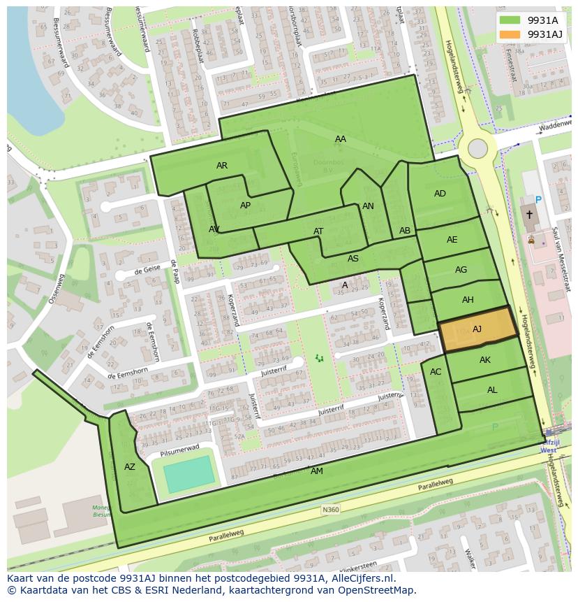 Afbeelding van het postcodegebied 9931 AJ op de kaart.