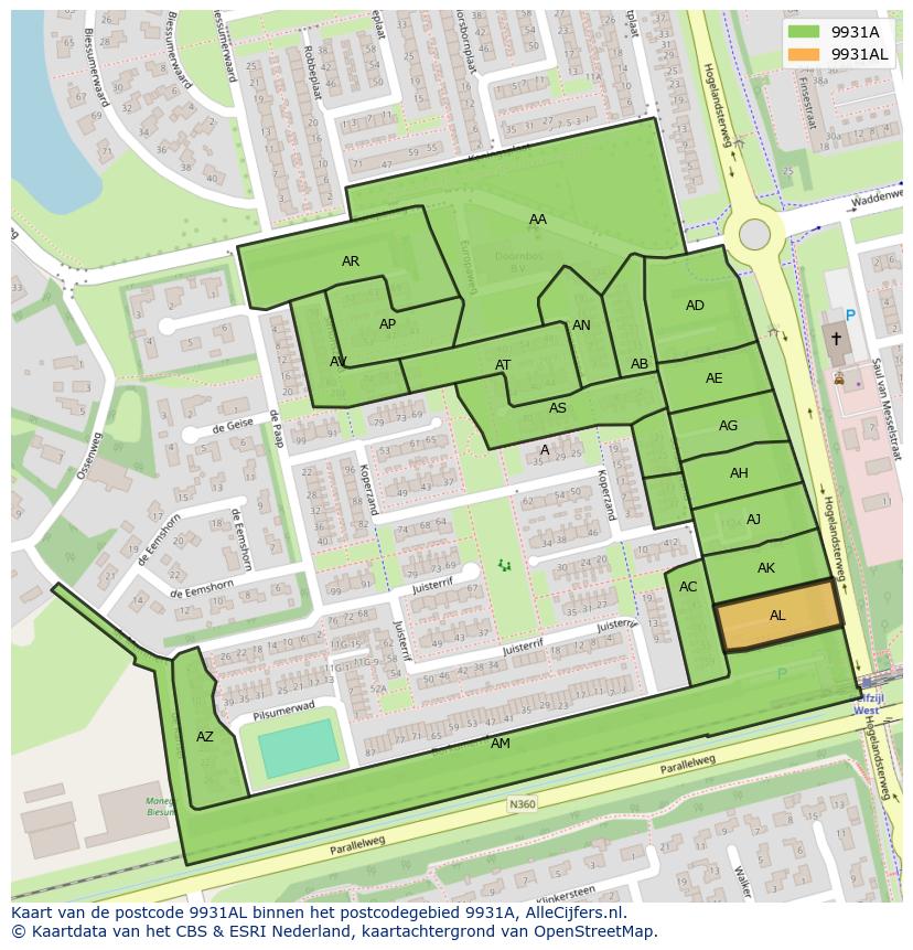 Afbeelding van het postcodegebied 9931 AL op de kaart.
