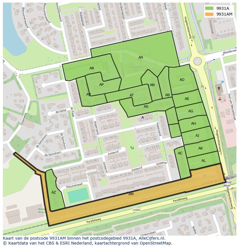 Afbeelding van het postcodegebied 9931 AM op de kaart.