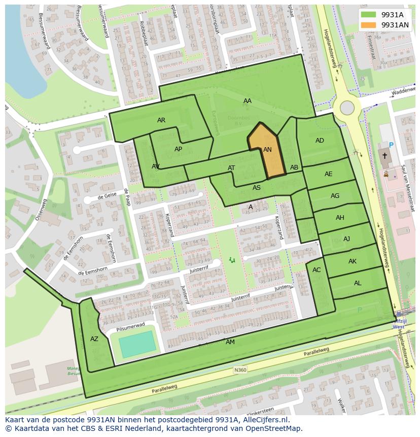 Afbeelding van het postcodegebied 9931 AN op de kaart.