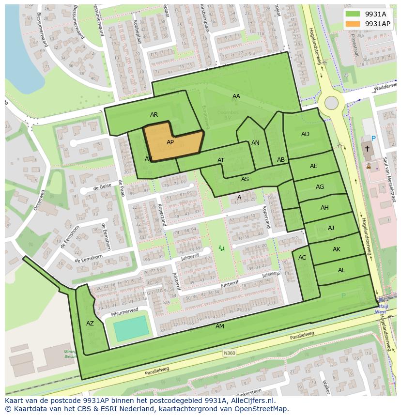 Afbeelding van het postcodegebied 9931 AP op de kaart.