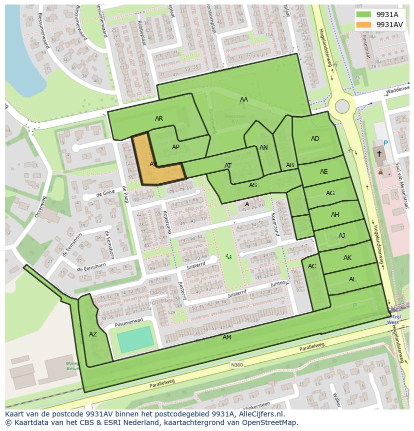 Afbeelding van het postcodegebied 9931 AV op de kaart.
