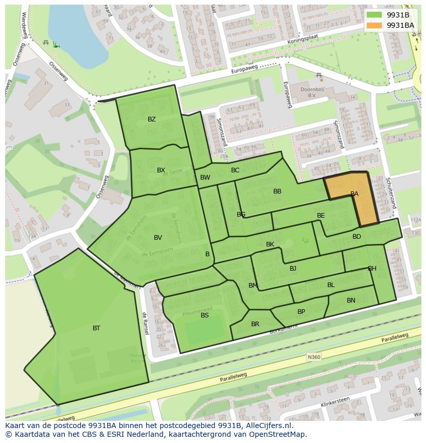 Afbeelding van het postcodegebied 9931 BA op de kaart.