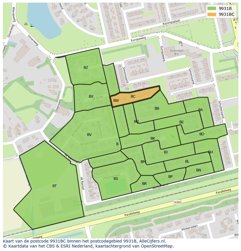 Afbeelding van het postcodegebied 9931 BC op de kaart.