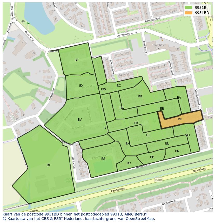 Afbeelding van het postcodegebied 9931 BD op de kaart.