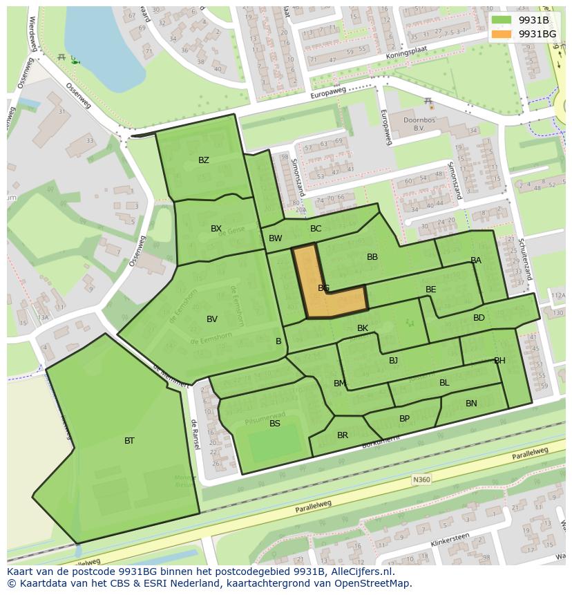 Afbeelding van het postcodegebied 9931 BG op de kaart.