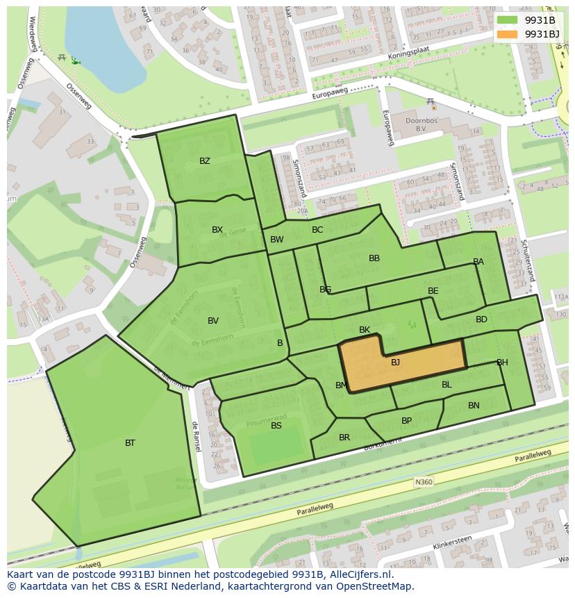 Afbeelding van het postcodegebied 9931 BJ op de kaart.