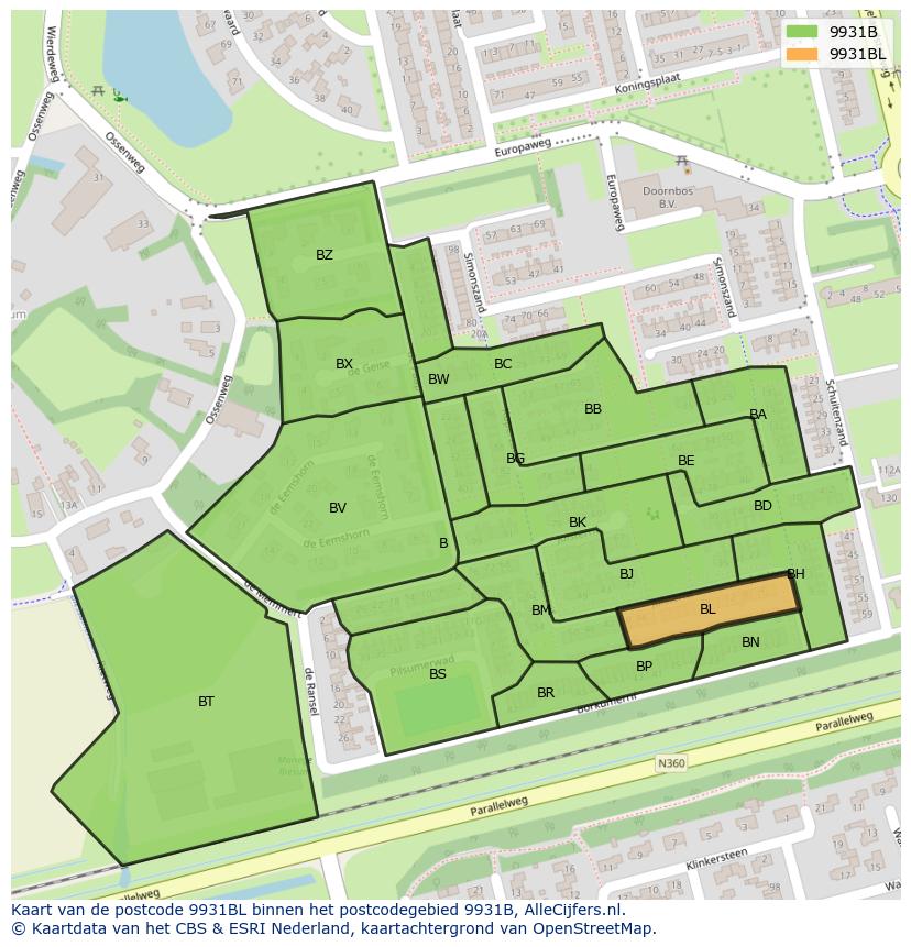 Afbeelding van het postcodegebied 9931 BL op de kaart.