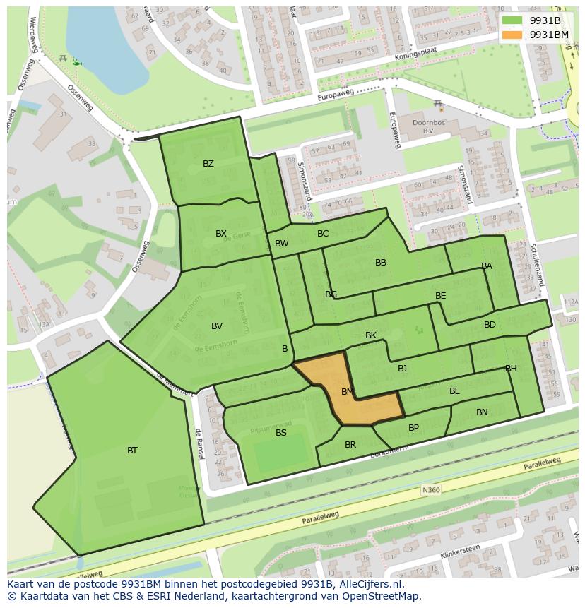 Afbeelding van het postcodegebied 9931 BM op de kaart.