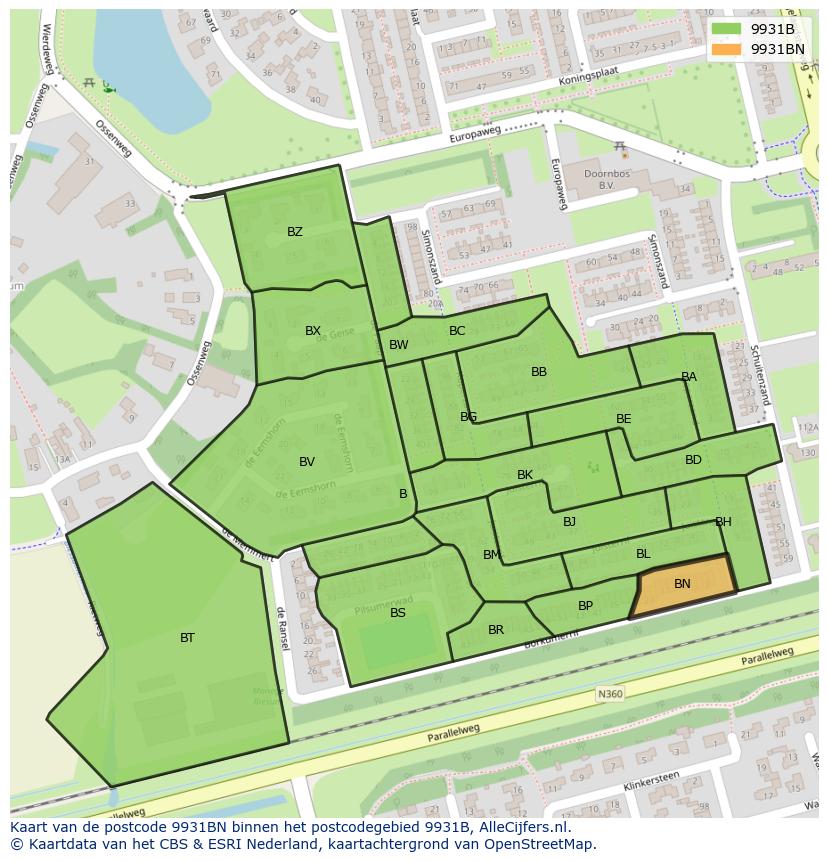 Afbeelding van het postcodegebied 9931 BN op de kaart.