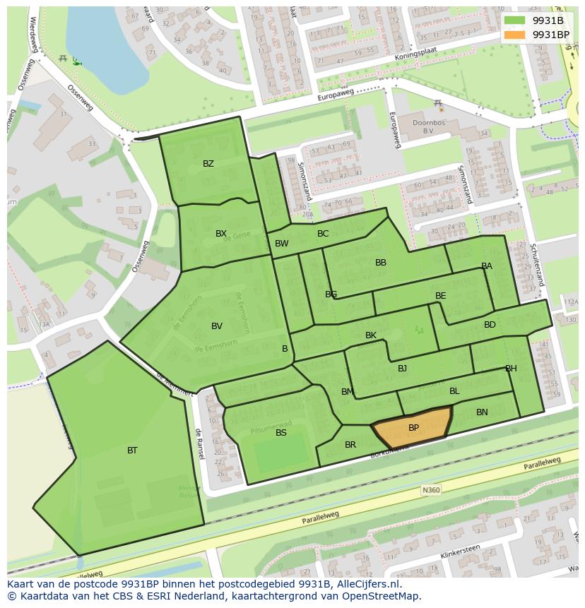 Afbeelding van het postcodegebied 9931 BP op de kaart.