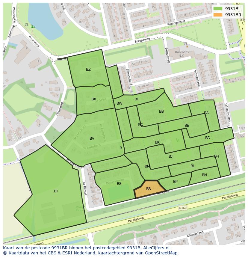 Afbeelding van het postcodegebied 9931 BR op de kaart.