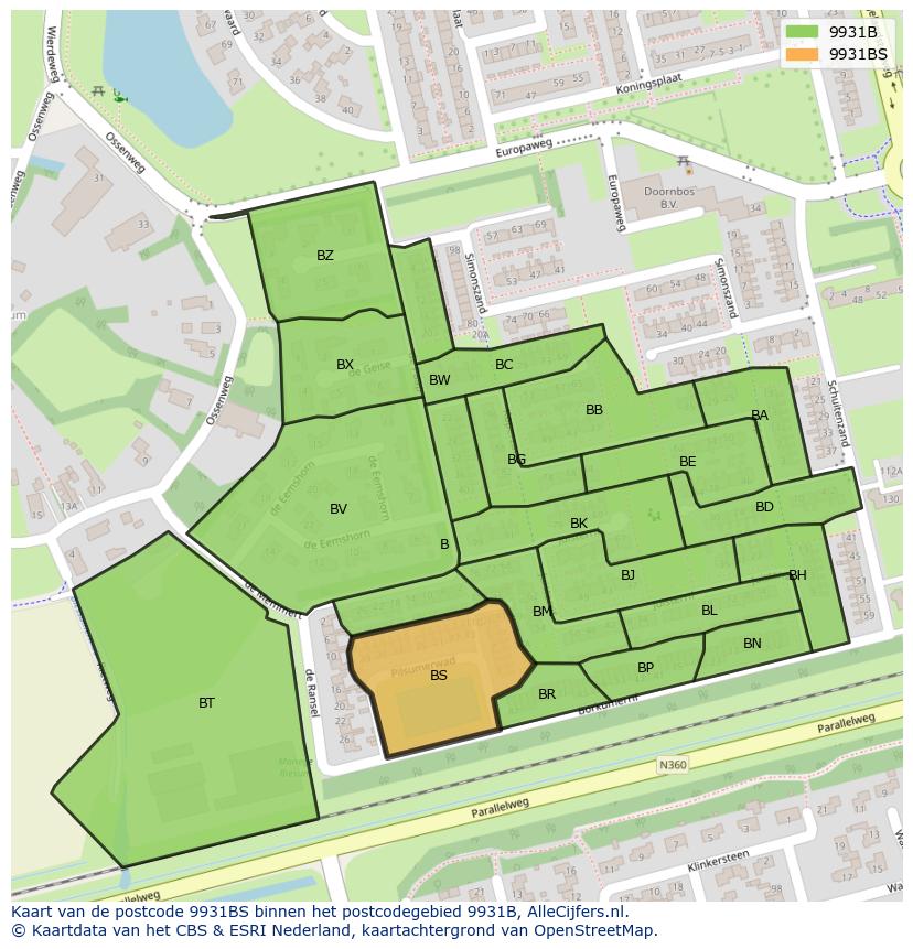 Afbeelding van het postcodegebied 9931 BS op de kaart.