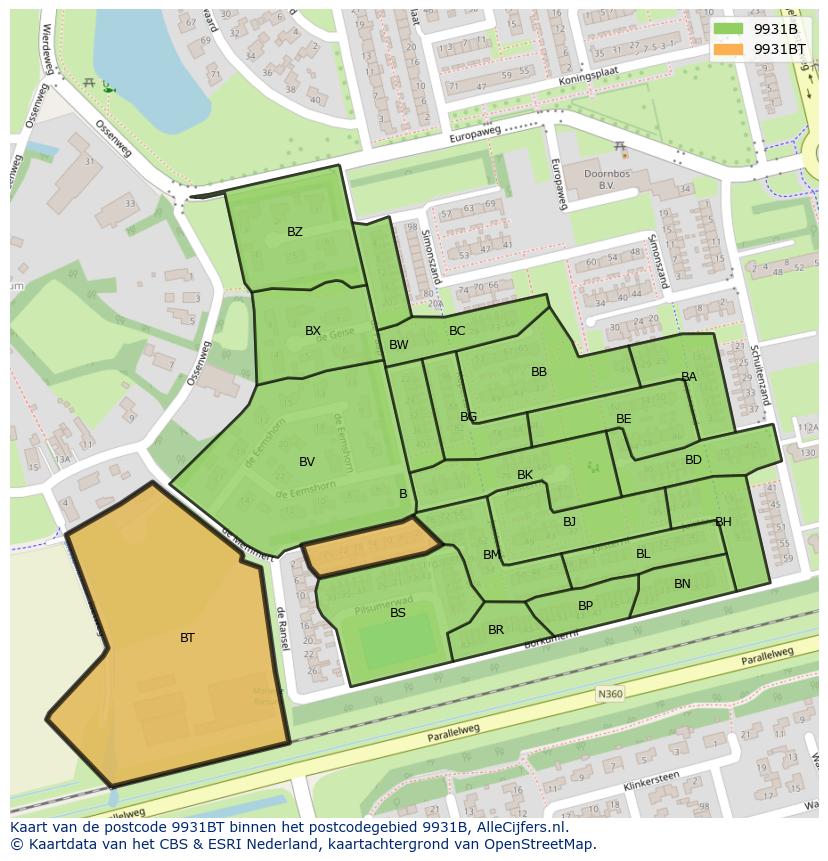 Afbeelding van het postcodegebied 9931 BT op de kaart.