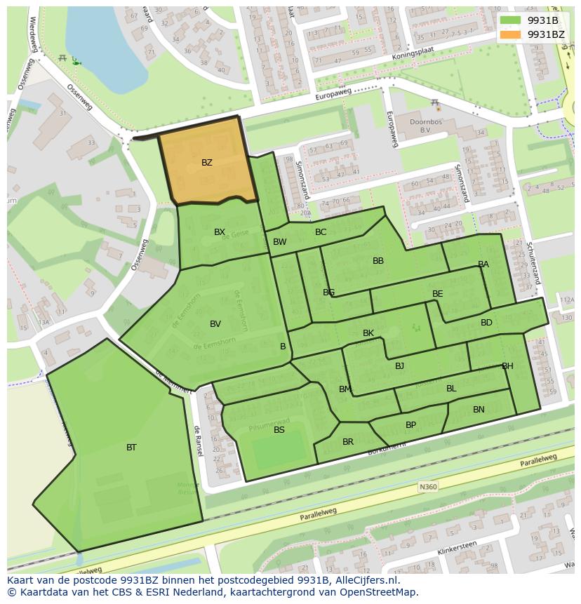 Afbeelding van het postcodegebied 9931 BZ op de kaart.