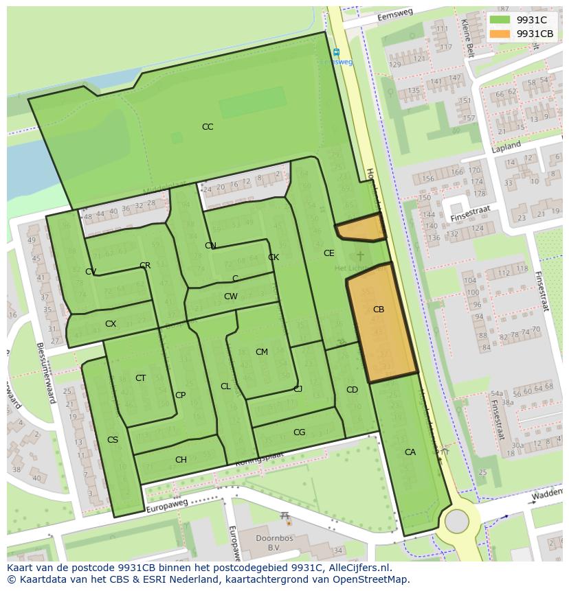 Afbeelding van het postcodegebied 9931 CB op de kaart.