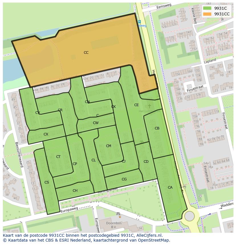 Afbeelding van het postcodegebied 9931 CC op de kaart.