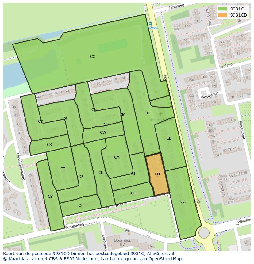 Afbeelding van het postcodegebied 9931 CD op de kaart.