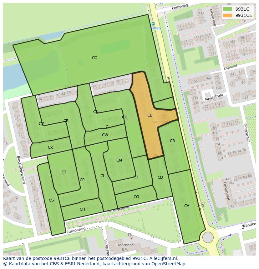 Afbeelding van het postcodegebied 9931 CE op de kaart.